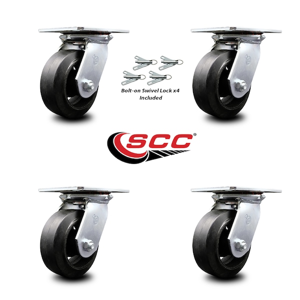 5 Inch Rubber On Steel Caster Set With Ball Bearings And Swivel Locks SCC